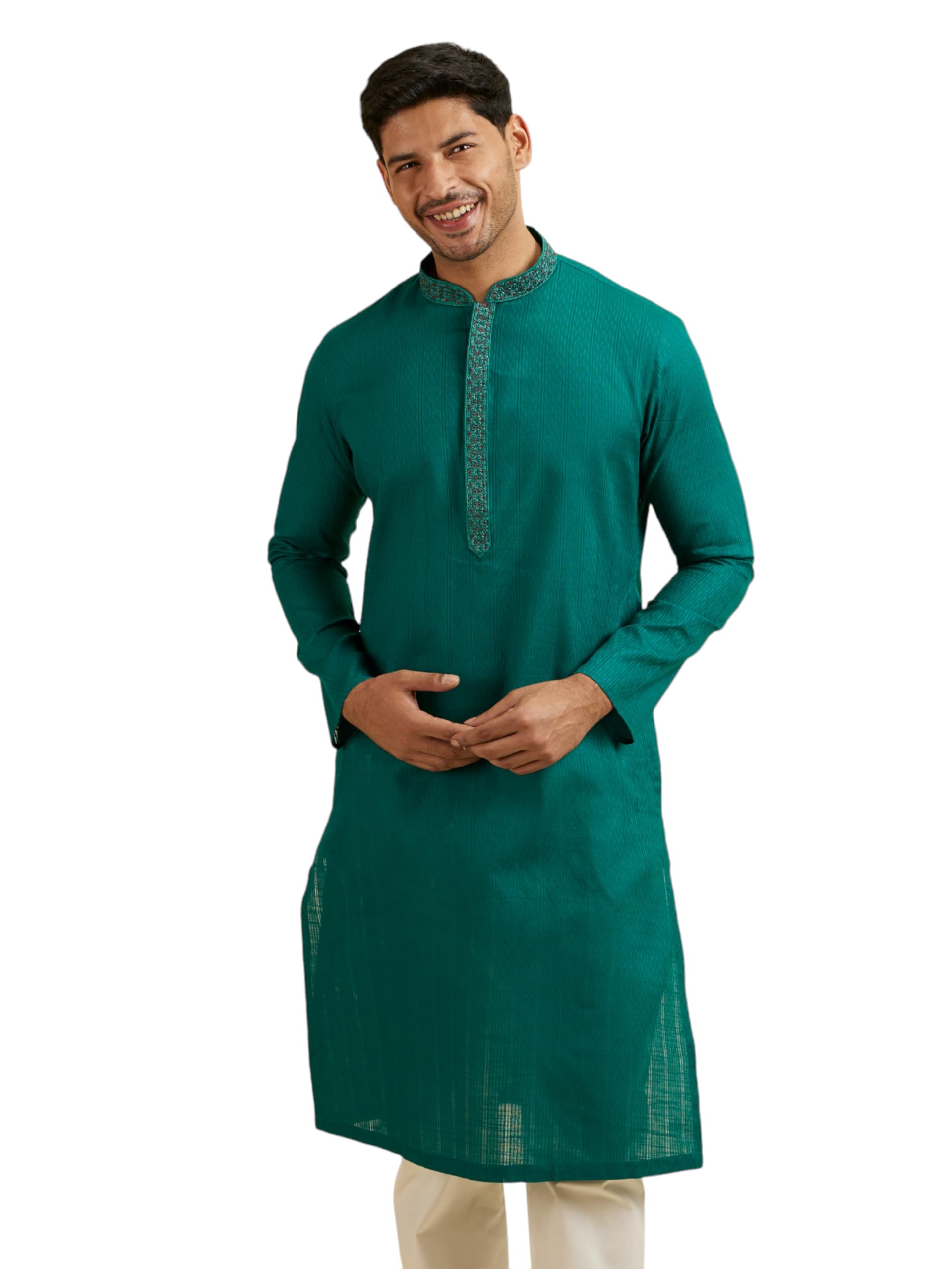 Manyavar Mens Cotton Embroidered Self Design Kurta Pyjama Set (Green,L)