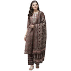 Anubhutee Women'S Cotton Brown Ethnic Motifs Printed Straight Kurta Suit Set With Trousers And Dupatta