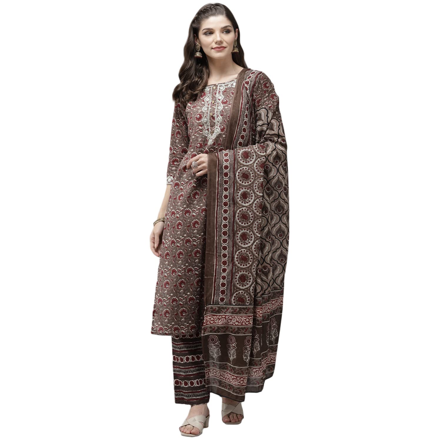 Anubhutee Women'S Cotton Brown Ethnic Motifs Printed Straight Kurta Suit Set With Trousers And Dupatta