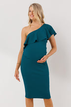 LaClef Women's Maternity Ruffled One Shoulder Side Ruching Dress (Teal, Small)