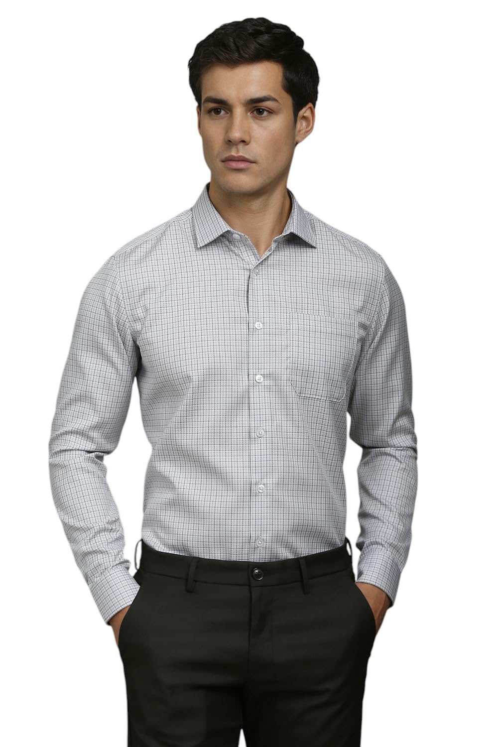 Louis Philippe Men Grey Slim Fit Check Full Sleeves Formal Shirt