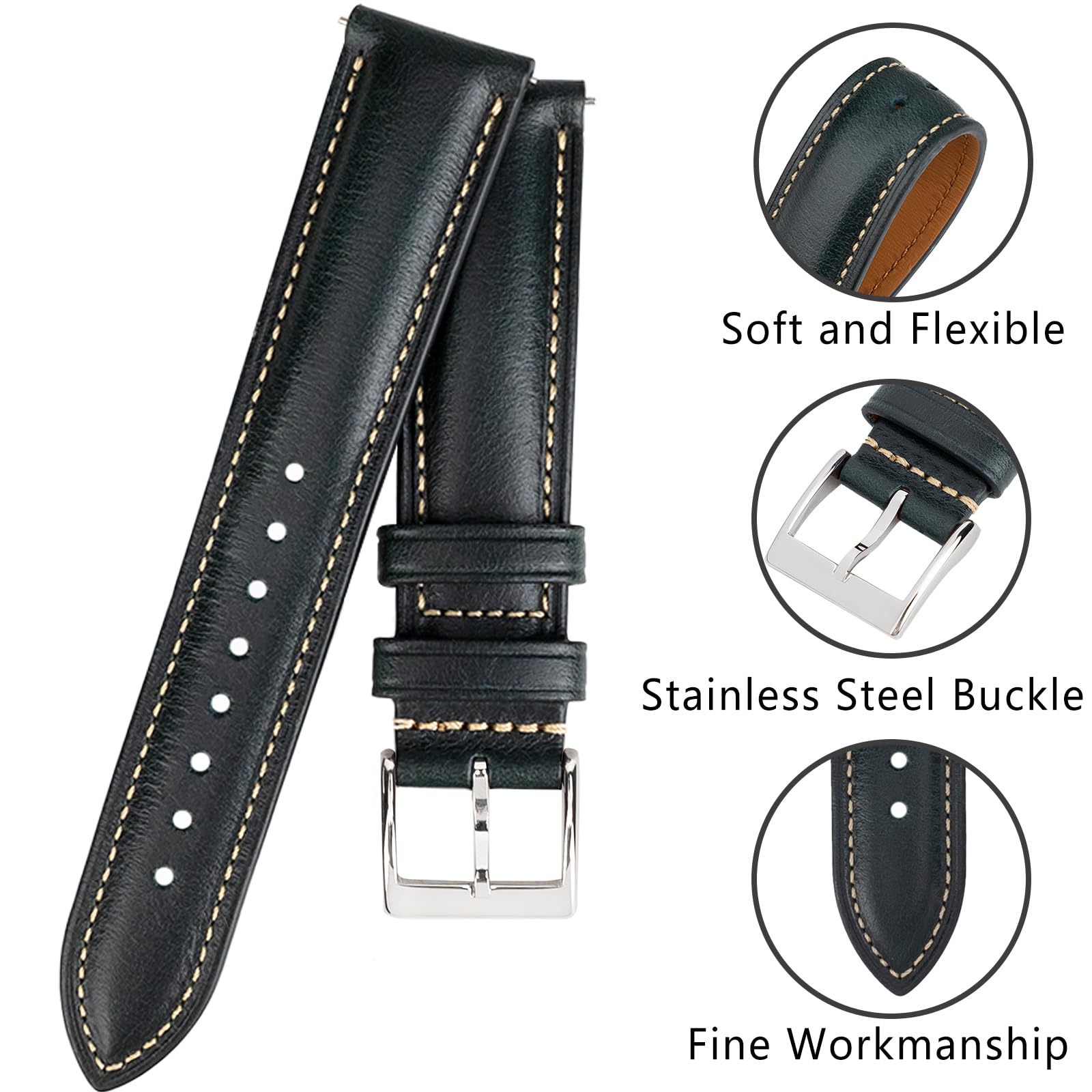 Gomvadr Quick Release Leather Watch Band 14mm 16mm 18mm 19mm 20mm 21mm 22mm 24mm,Vintage Oil Wax-tanned Pull-up Men's Watch Band