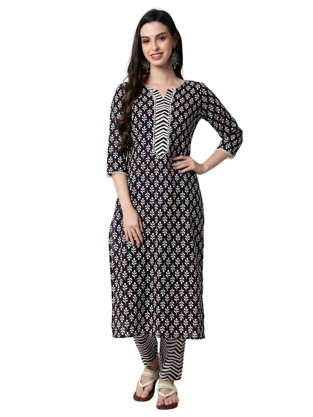 Rytras Women'S Cotton Printed Kurta And Pant Set(Black,S)