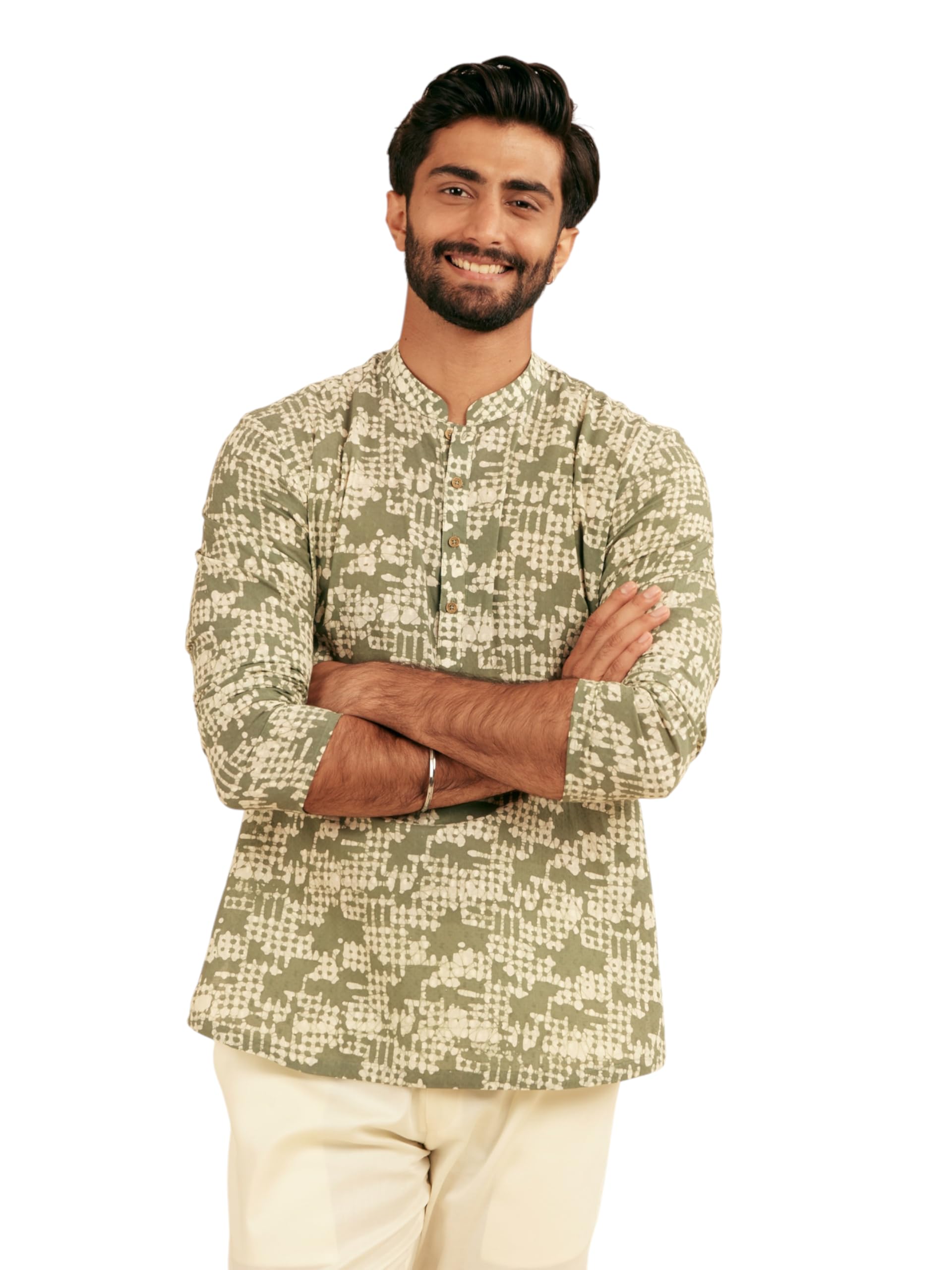 Manyavar Mens Cotton Printed Casual Short Kurta (Light Mid Green,XXL)