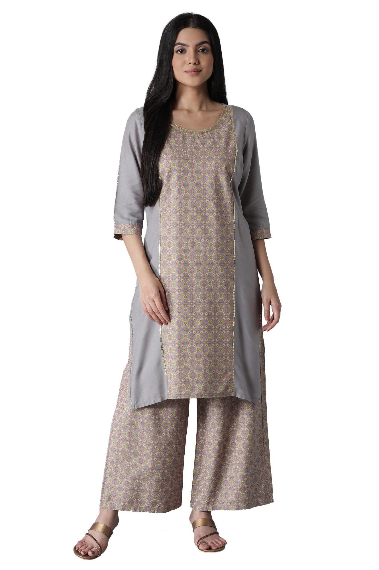 Aurelia Silver Sconch Glittered Geometric Print Kurta-Palazzos Set