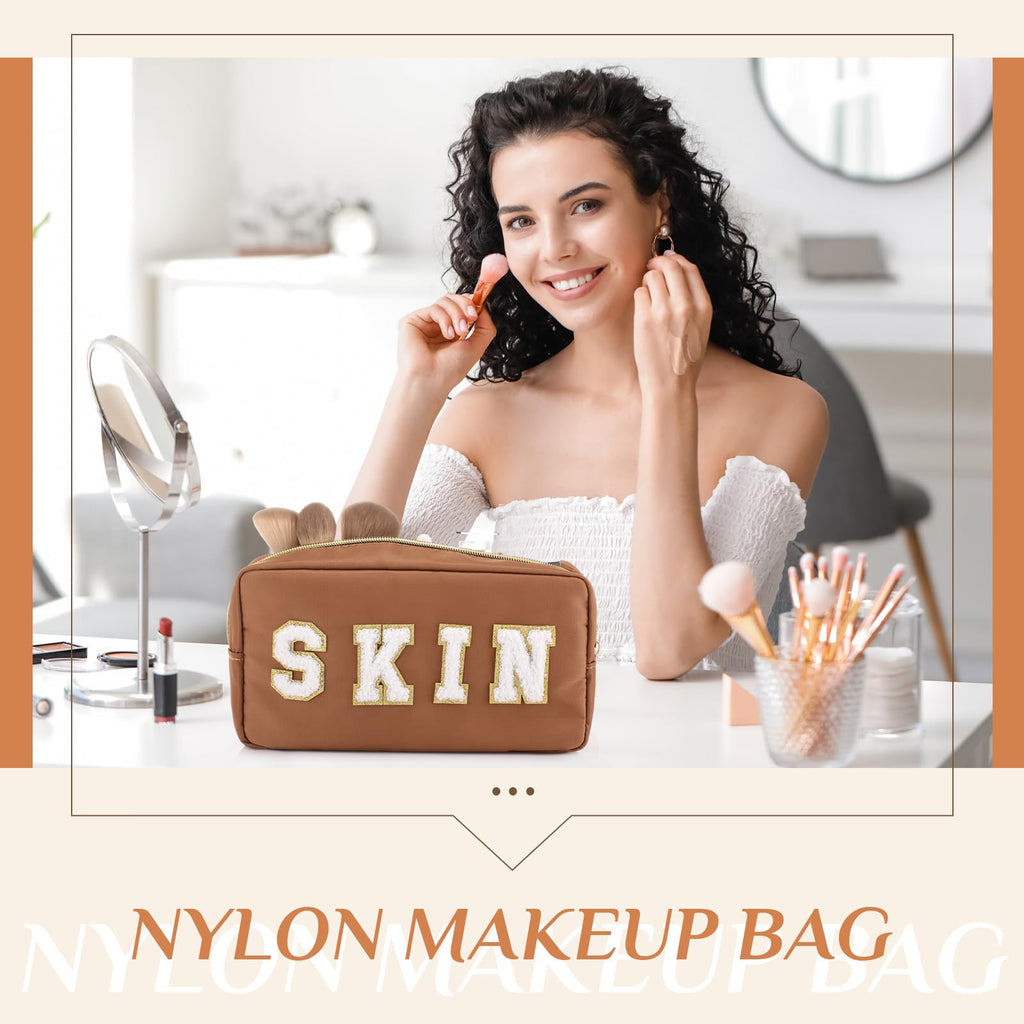 4 Pcs Preppy Makeup Bag Chenille Letter Nylon Cosmetic Bag Makeup Organizer Bag Toiletry Cosmetic Case Preppy Bag with Zipper St