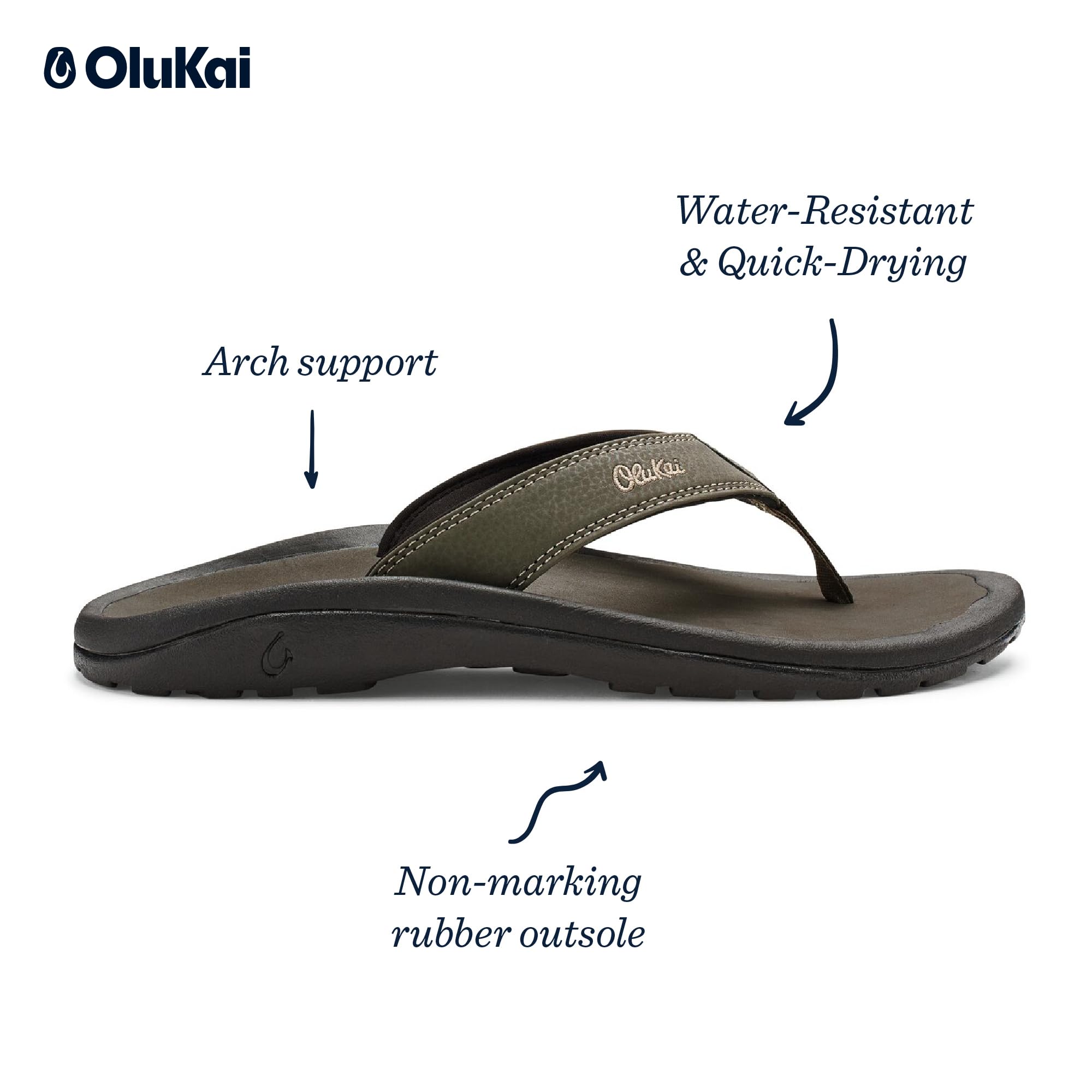 OLUKAI Ohana Men's Beach Sandals, Quick-Dry Flip-Flop Slides, Water Resistant & Lightweight, Compression Molded Footbed & Ultra-
