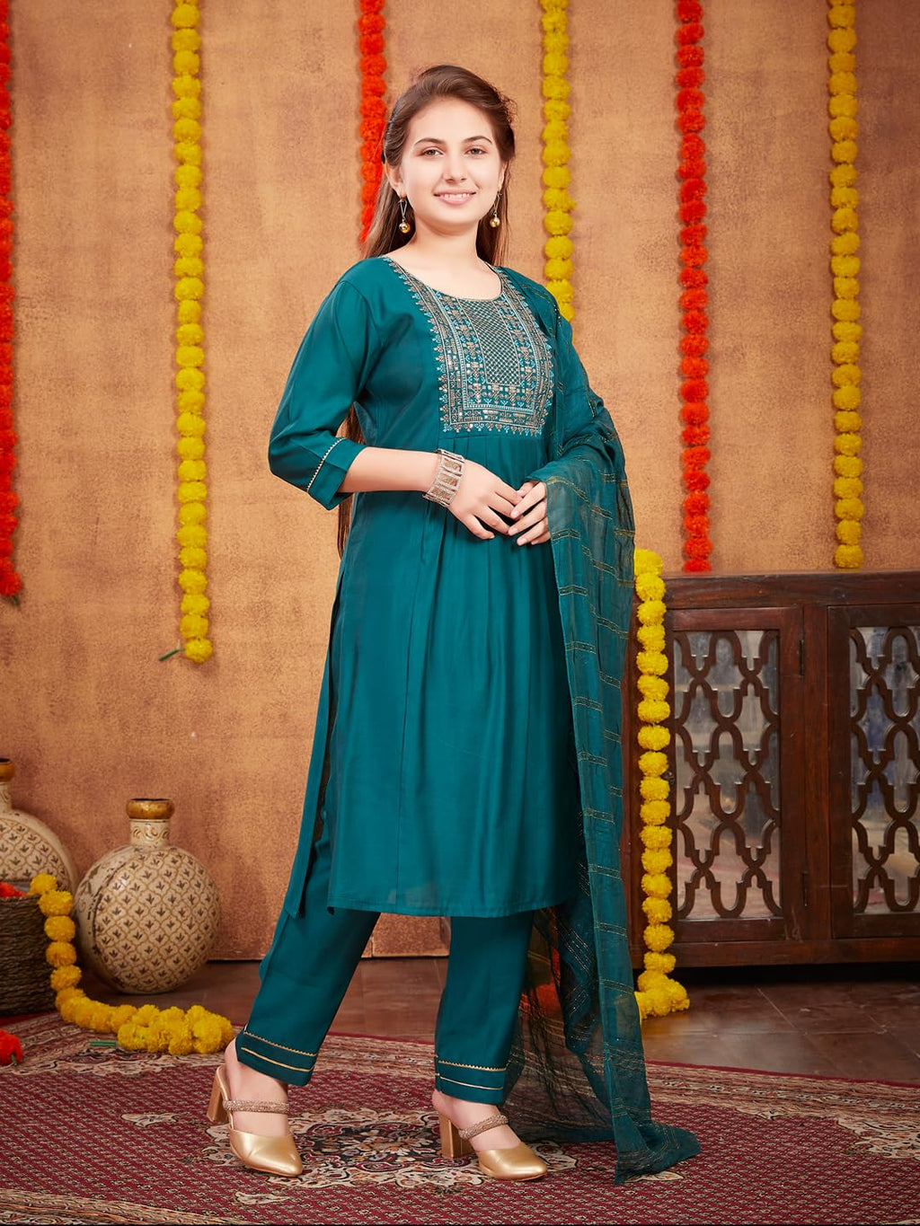 Aarika Girls Ethnic Wear Dark Green Colour Sequin Thread Embroidery With Gota Work Silk Kurti Pant Set (8-16 Years)
