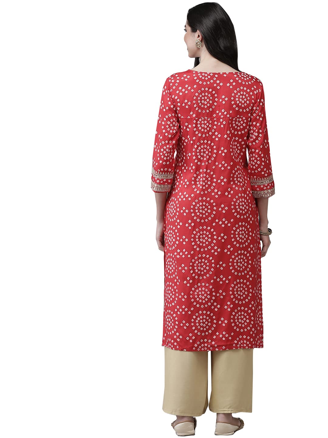 Ishin Women'S Silk Blend Red Embroidered A-Line Bandhani Kurta