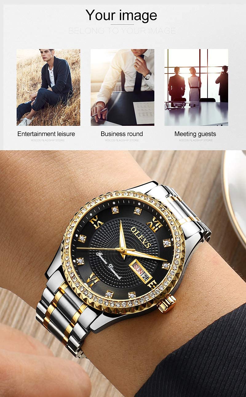 OLEVS Luxury Diamond Day Date Dress Watches for Men Black Dial Big Face Gold Bezel Luminous,Male Business Casual Analog Quartz W