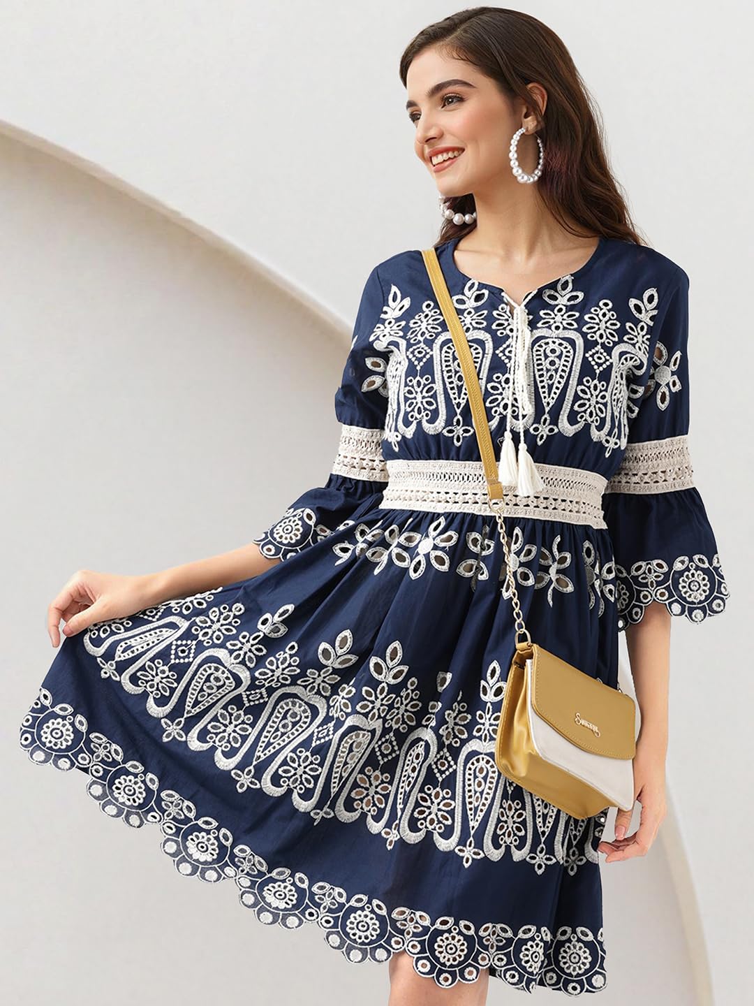 Ishin Schiffli Pure Cotton A-Line Dress Navy Blue