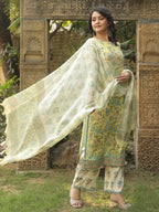 ANNI DESIGNER Ladies Rayon Blend Straight Print Kurta with Trousers and Dupatta, green, XL