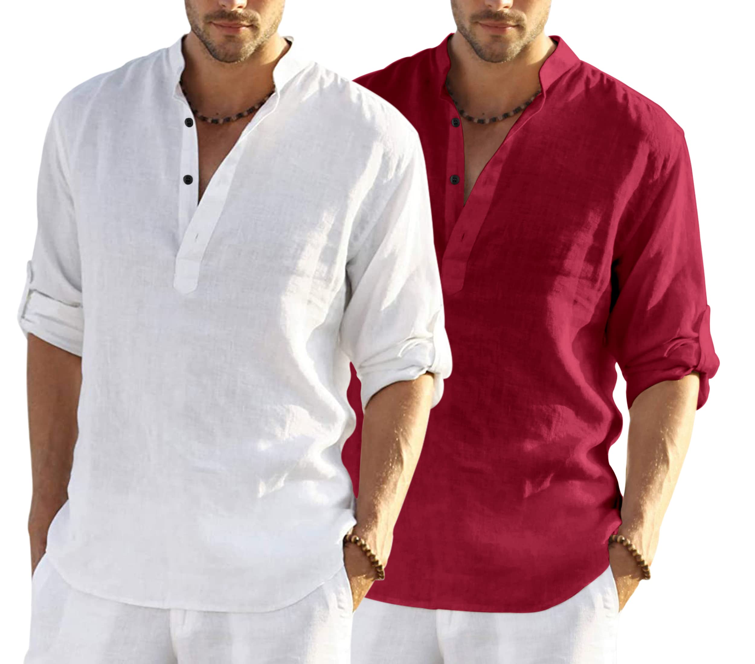 Hemrin Combo Of MenS Cotton Blend Full Sleeve Short Kurta Shirt With Mandarin Collar Pack Of 2 White - Maroon