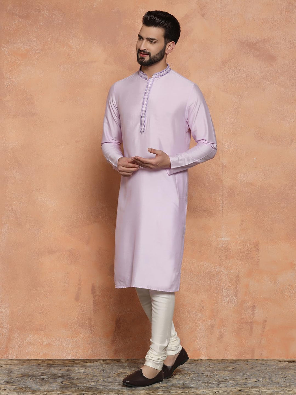 Kisah Men Lavender Kurta, Cotton, Full Sleaves, Knee Length, Straight, Regular Fit, Mandarin Collar Ethnic Wear