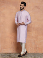 Kisah Men Lavender Kurta, Cotton, Full Sleaves, Knee Length, Straight, Regular Fit, Mandarin Collar Ethnic Wear
