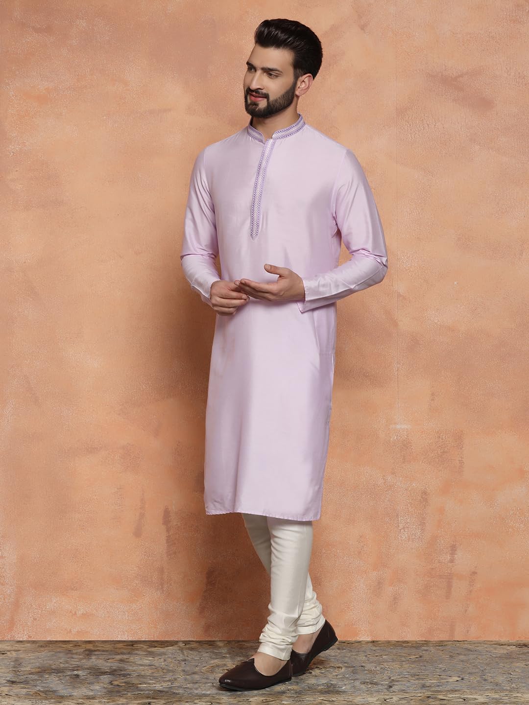 Kisah Men Lavender Kurta, Cotton, Full Sleaves, Knee Length, Straight, Regular Fit, Mandarin Collar Ethnic Wear