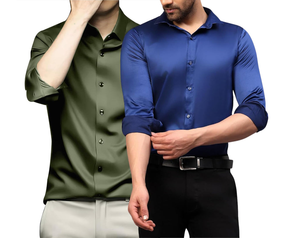 Deelmo Combo Of MenS Stylish Solid Satin Casual Shirt For Men Full Sleeves| Poly Satin Silk Shirt Pack Of 2
