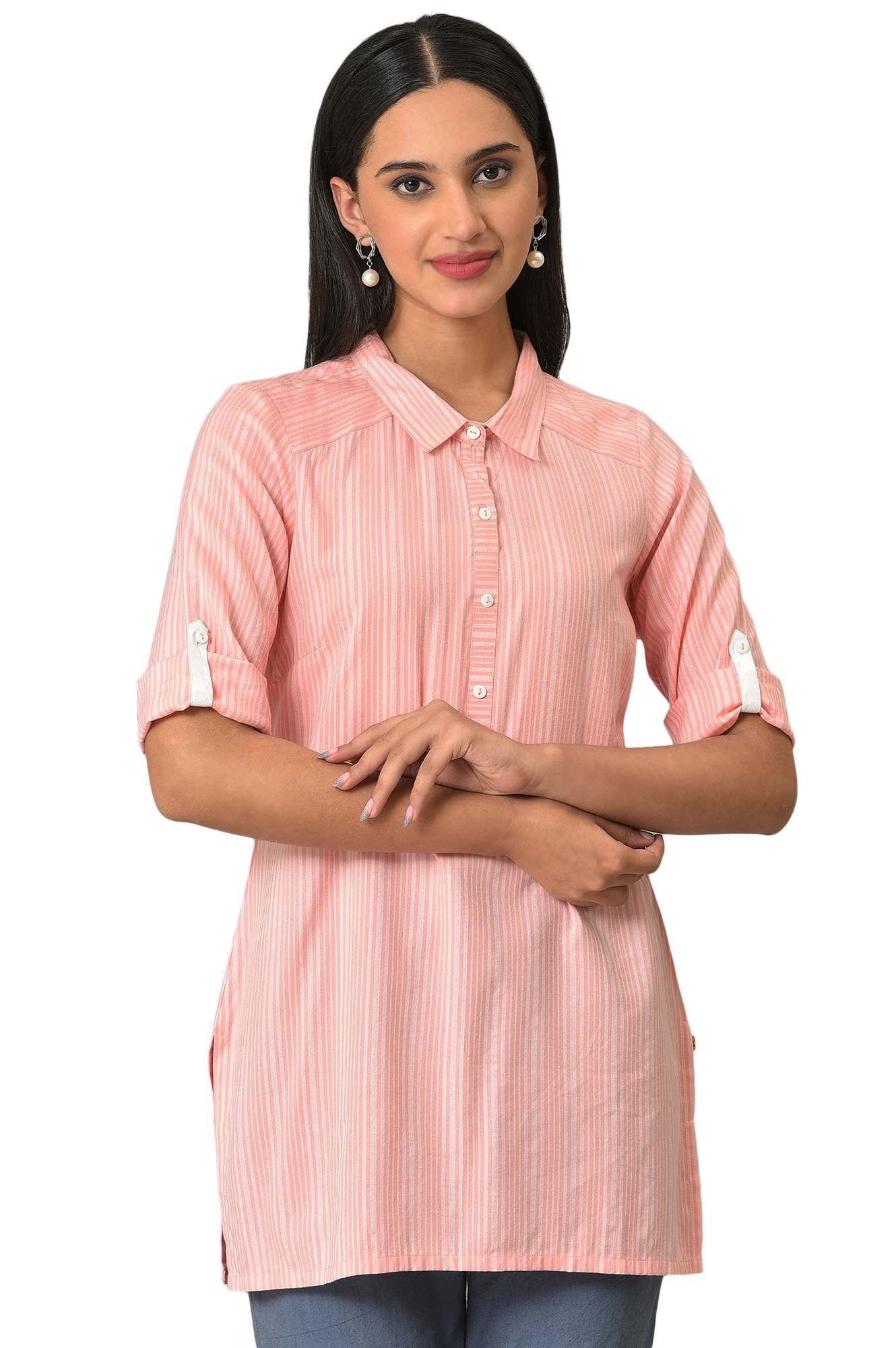 Peach Stripe Print Yarn-Dyed Plus Size Kurti