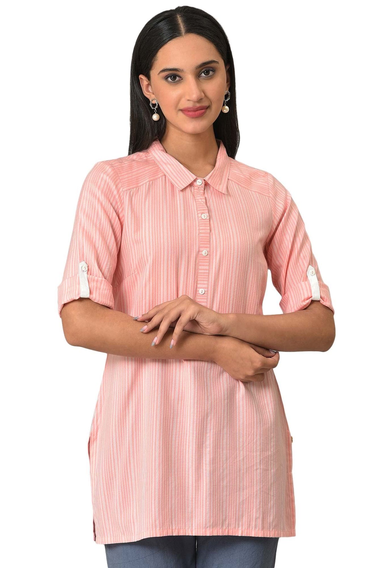 Aurelia Womens Rayon Solid Regular Peach Stripe Print Yarn-Dyed Kurti (23FEA30318-701994