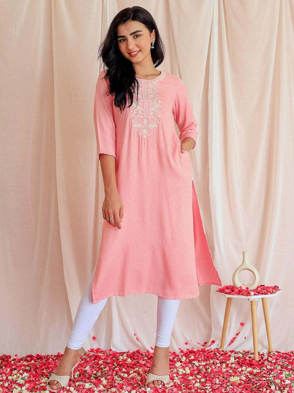 Libas WomenS Viscose Rayon Yoke Design Straight Kurta (26812_Pink
