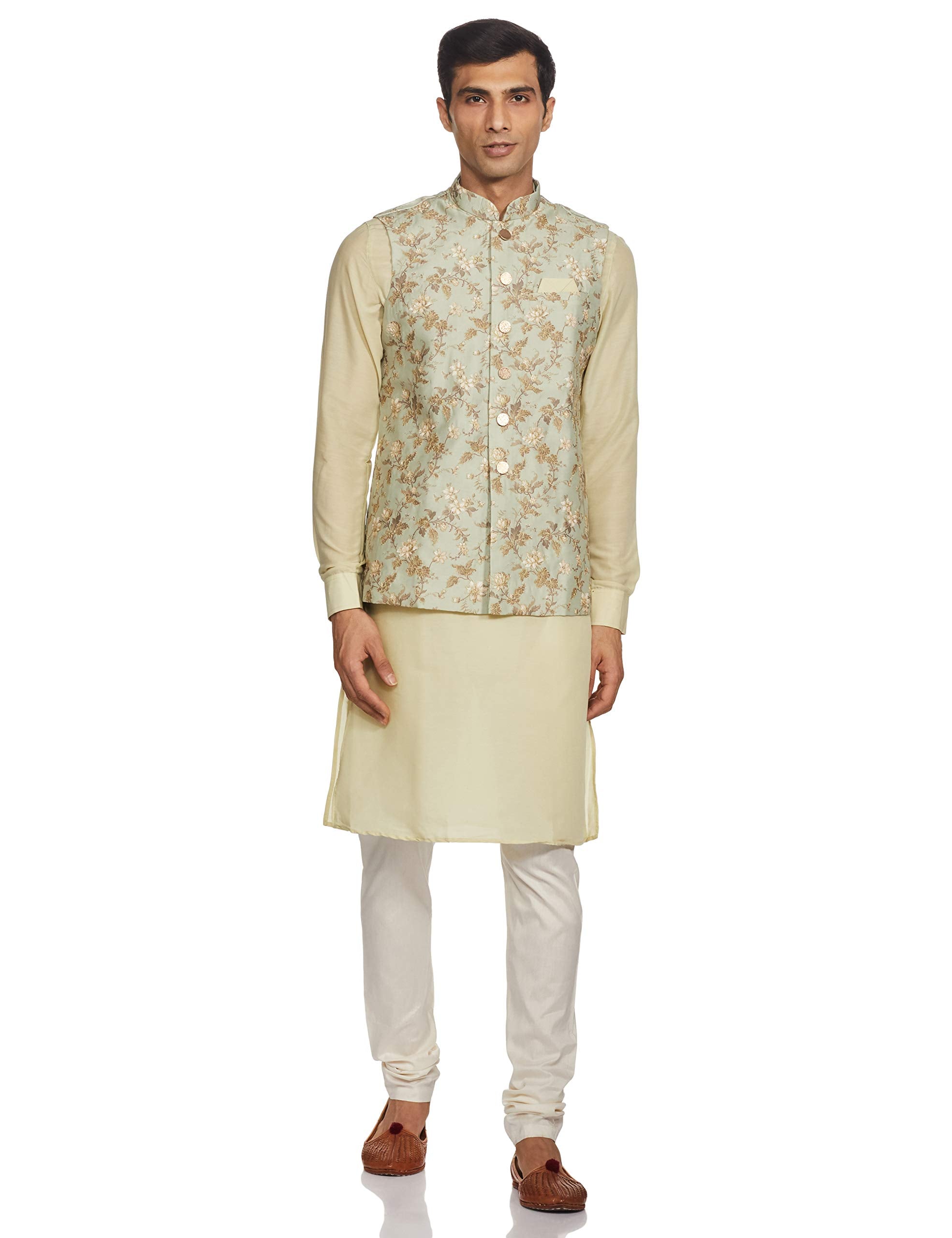 Manyavar MenS Silk Solid Regular Kurta Jacket Churidar Set (Jast161_Pista_M)