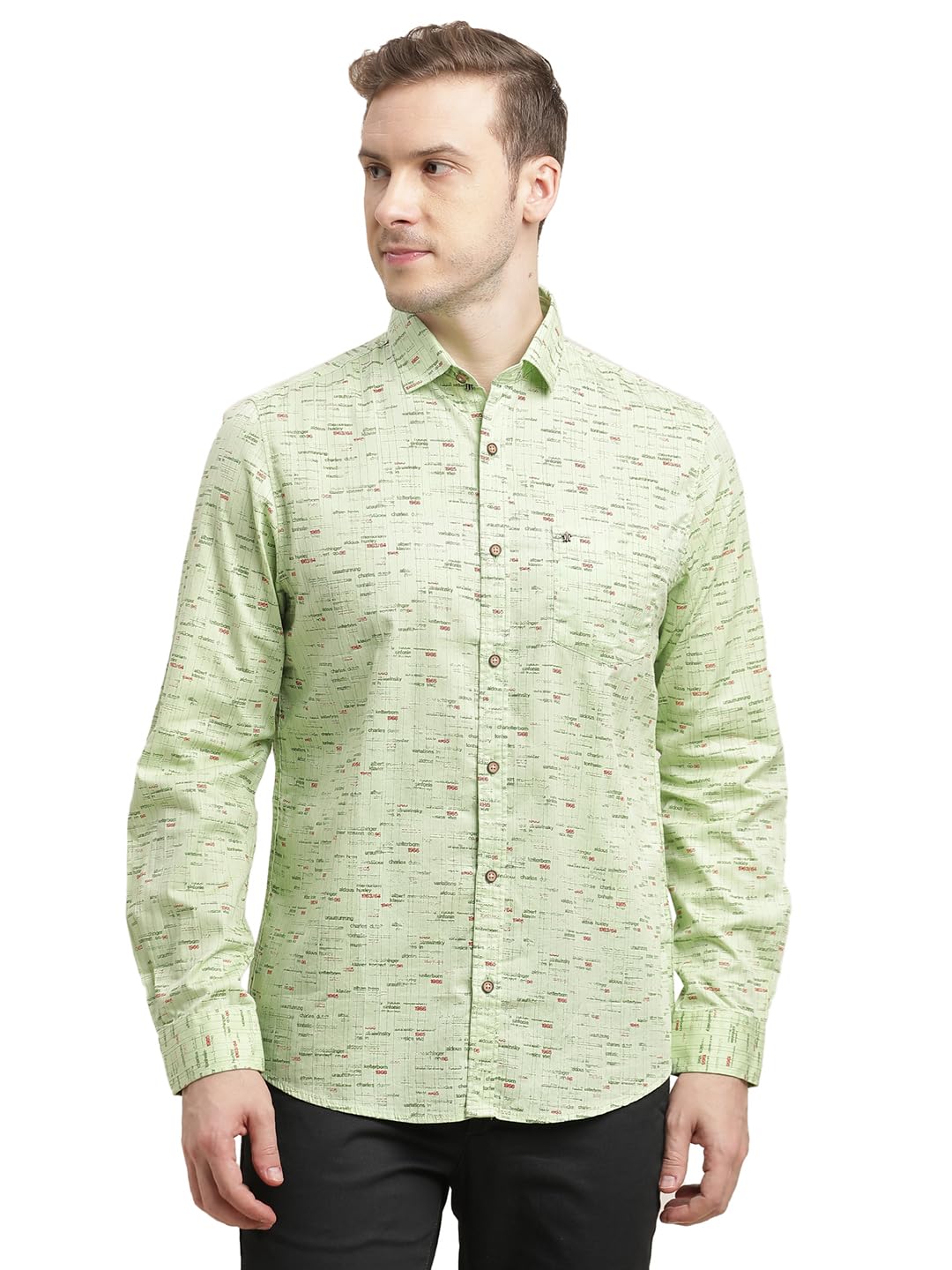 Turtle Men 100% Cotton Slim Fit Mint Green Printed Full Sleeve Casual Shirt