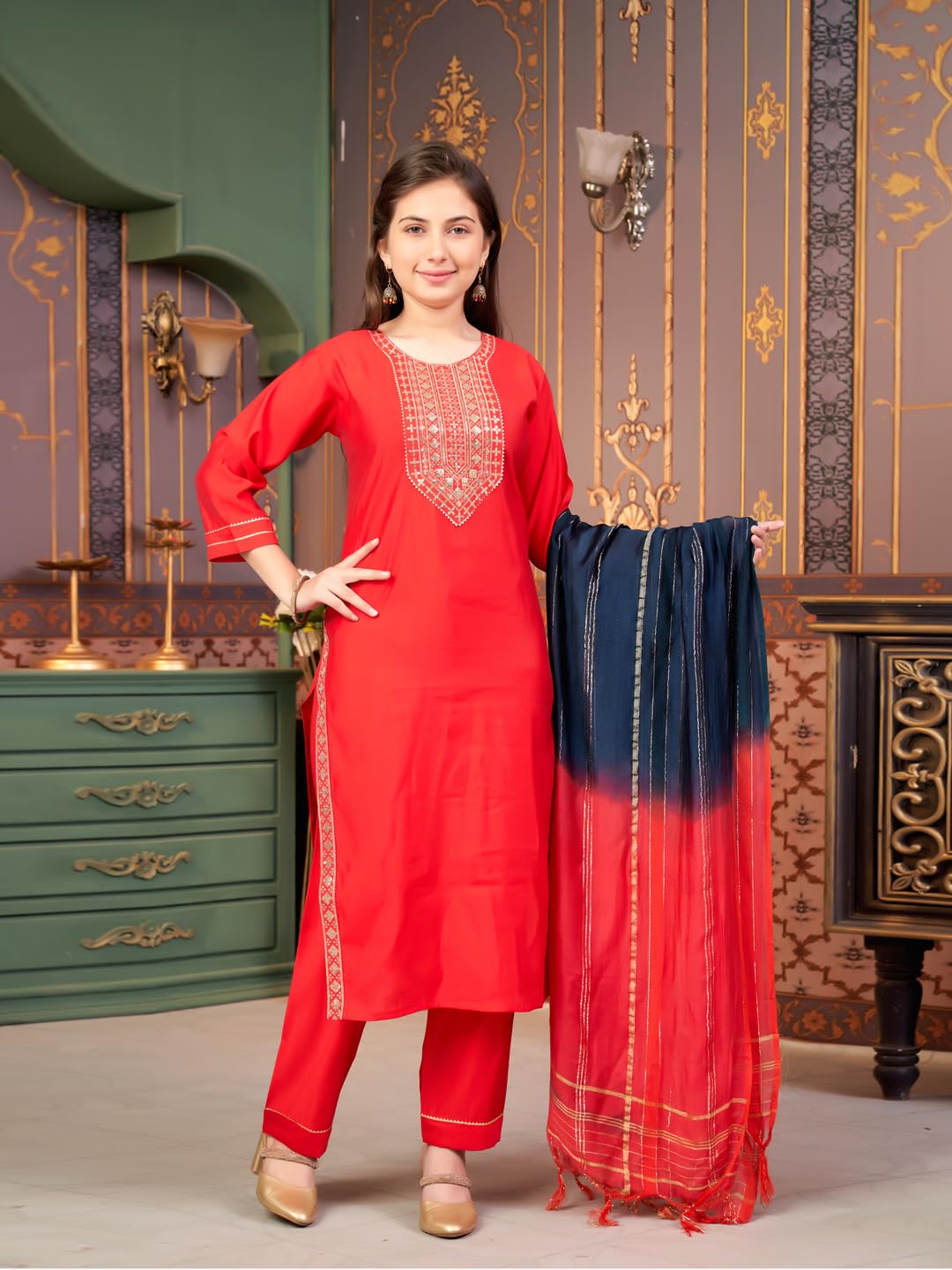 Aarika Girls Ethnic Wear Red Colour Sequin Embroidery Silk Kurti Pant Set-10-15 Years (Kp-Sd-5993)