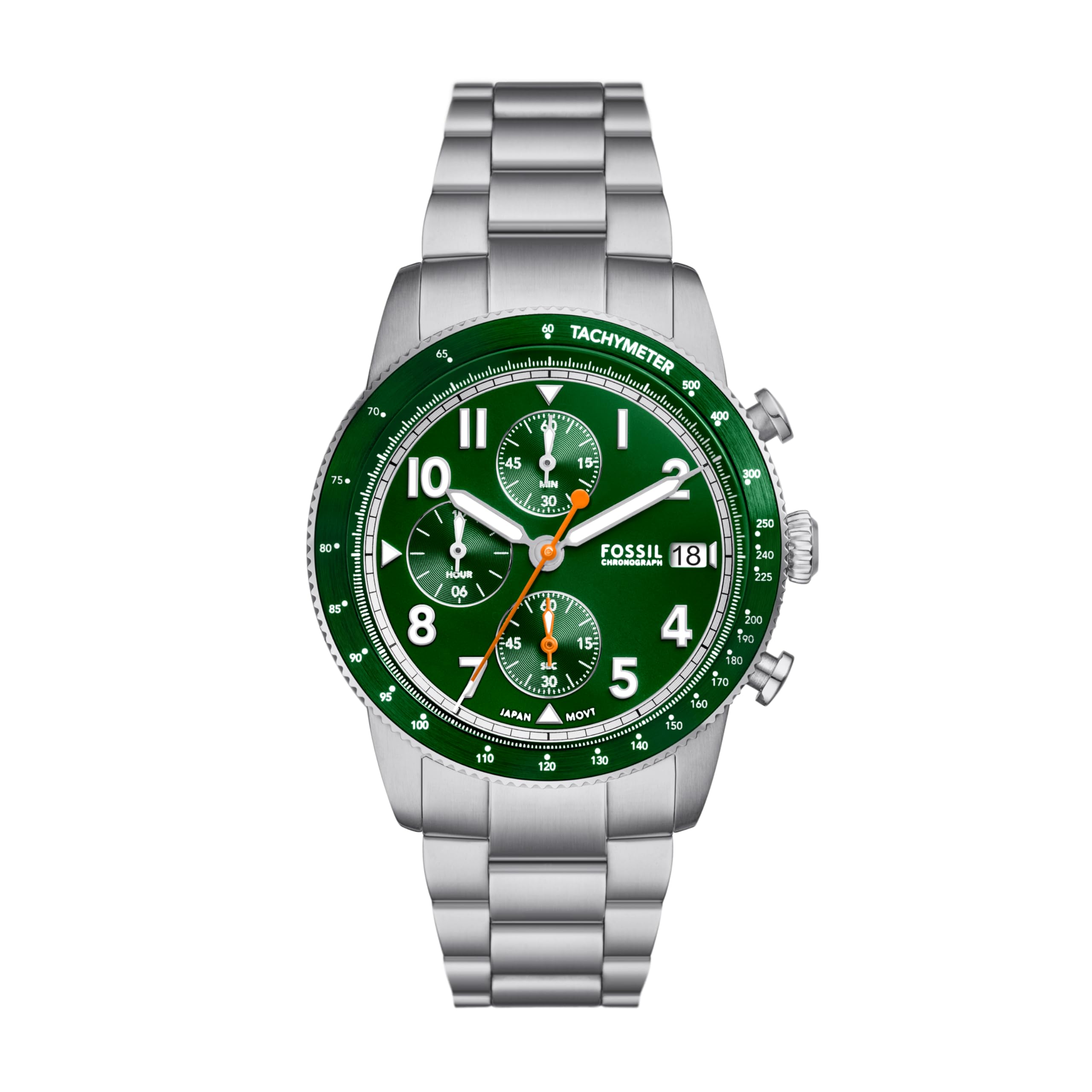 Fossil Men's Sport Tourer Quartz Stainless Steel Chronograph Watch, Color: Silver/Green (Model: FS6048)