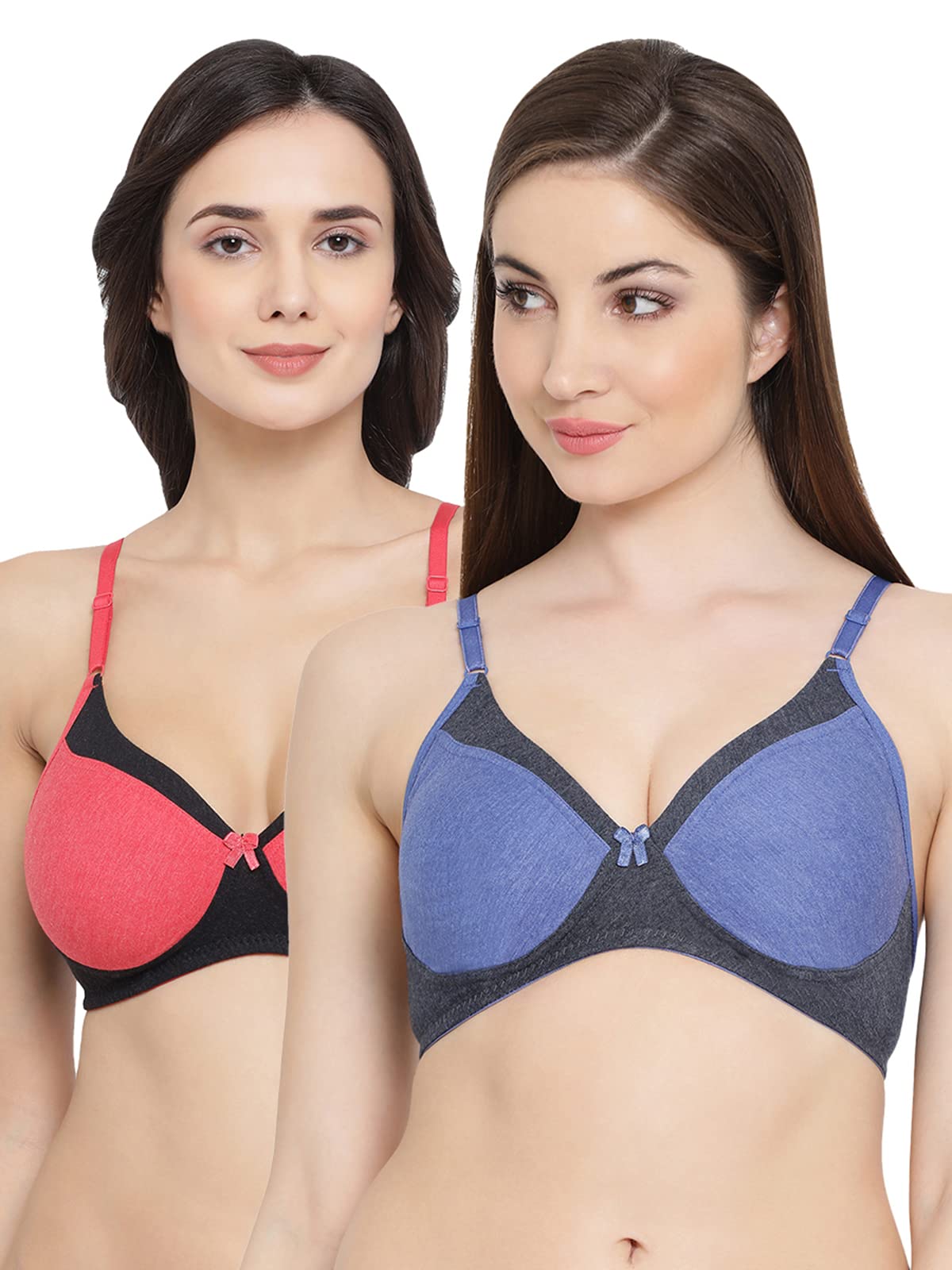 Clovia WomenS Pack Of 2 Cotton Non-Padded Non-Wired Full Coverage T-Shirt Bra (Combrc846_Multicolor_32C)