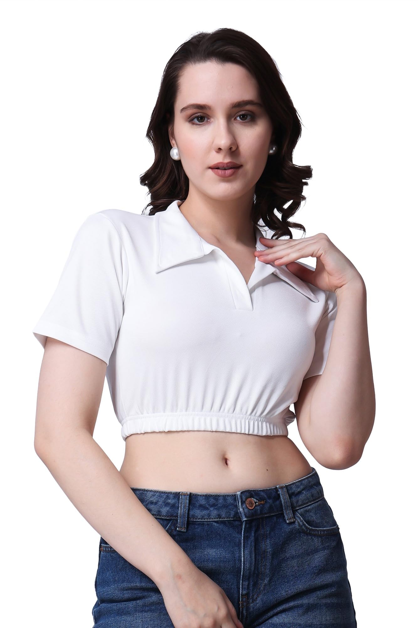 POPWINGS Women Casual White Solid Collar Crop Top | Tops for Women | Tops for Women Stylish | Tops for Women
