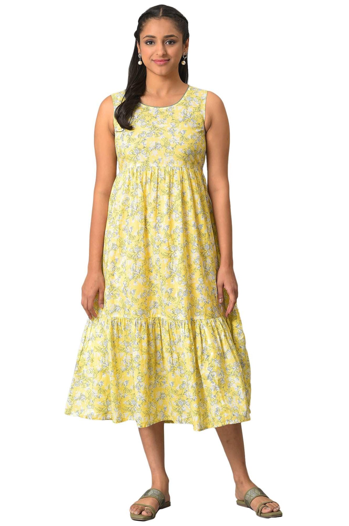 Aurelia Womens Cotton Fit and Flare Midi Dress (23FEA13888-506839_Yellow