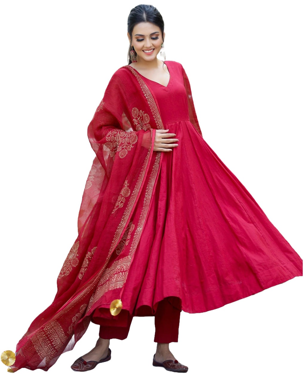 ANNI DESIGNER Womens Cotton Blend Solid Anarkali Kurta with Pant & Dupatta (Magic-RED_3XL_Red_XXX-Large)