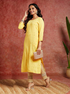 Libas Yellow Embroidered Rayon Straight Kurti