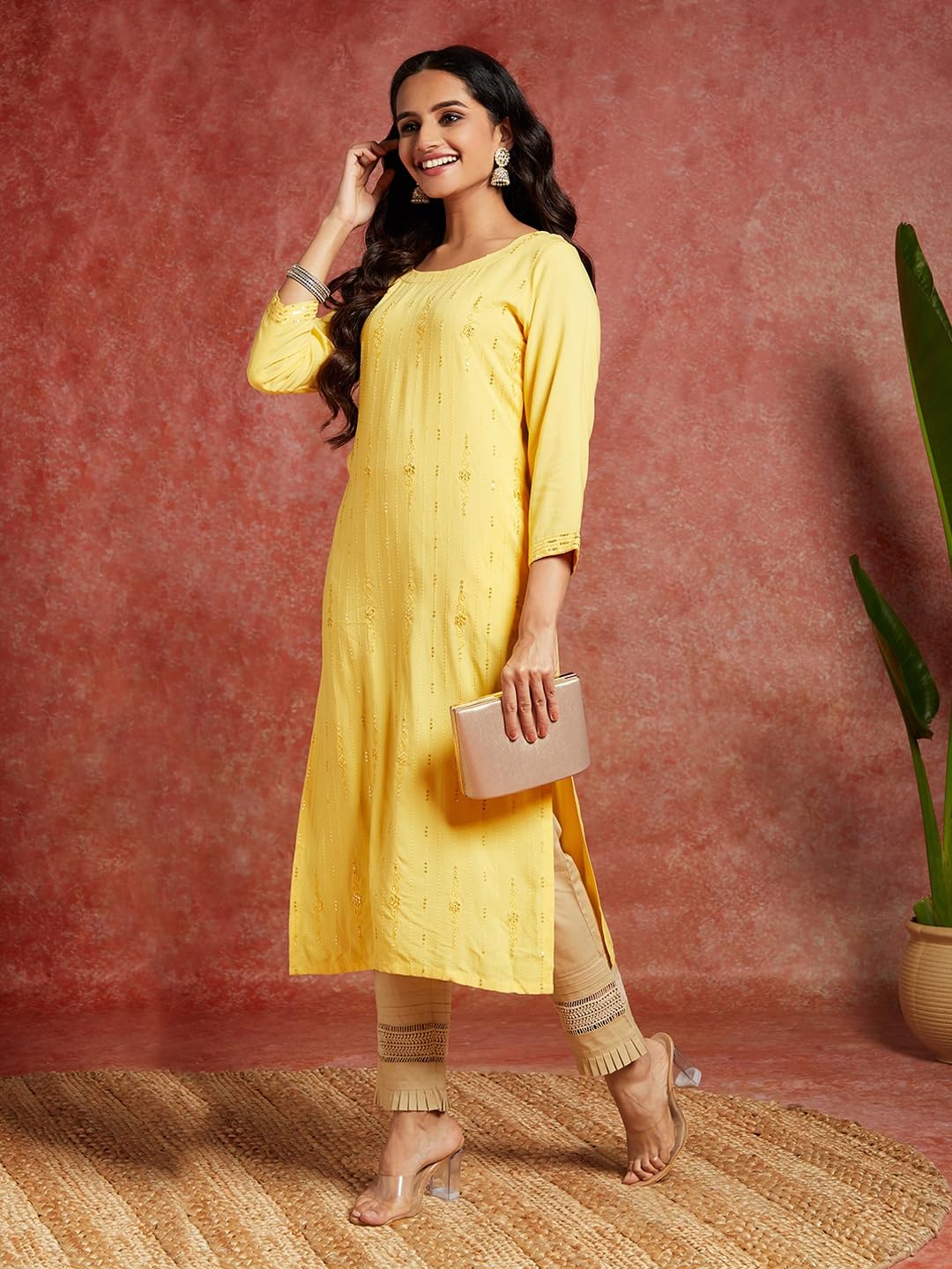 Libas Yellow Embroidered Rayon Straight Kurti