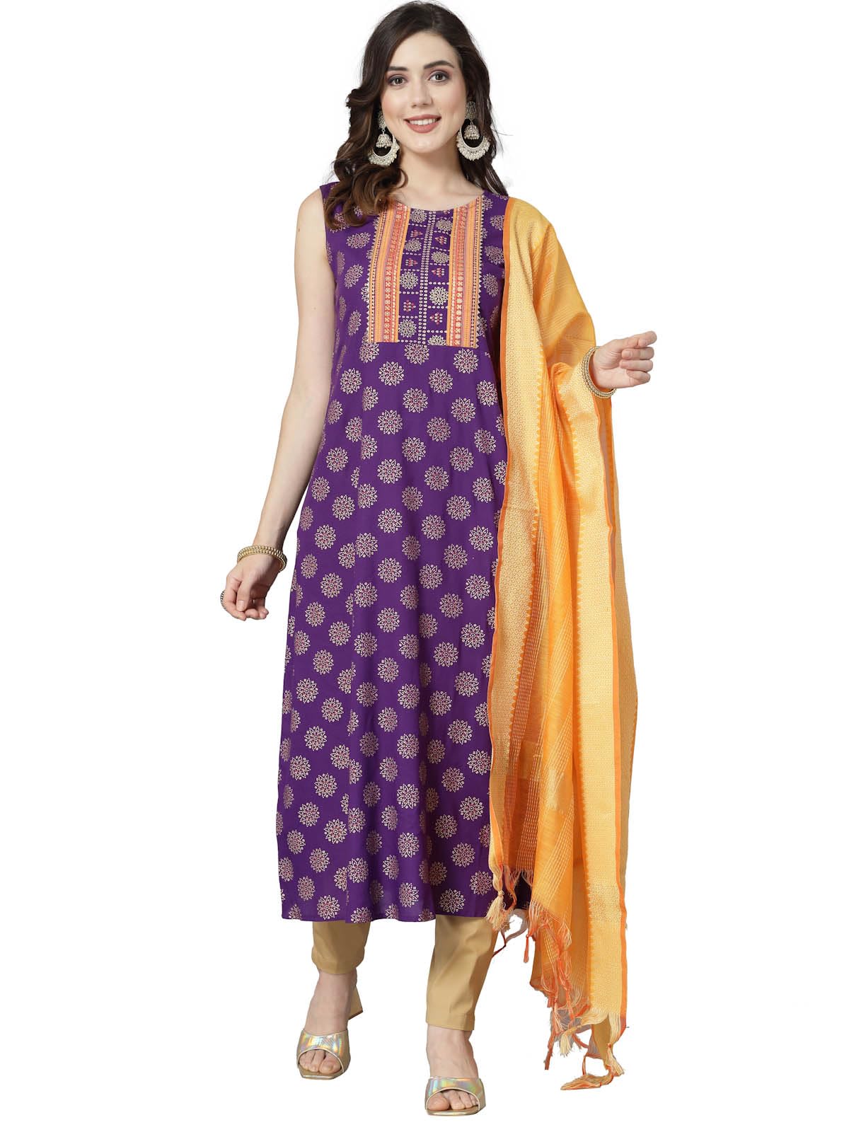 Stylum Women'S Bandhej Printed Rayon A-Line Kurta With Dupatta (Kdvoilpunch36_Violet, S)