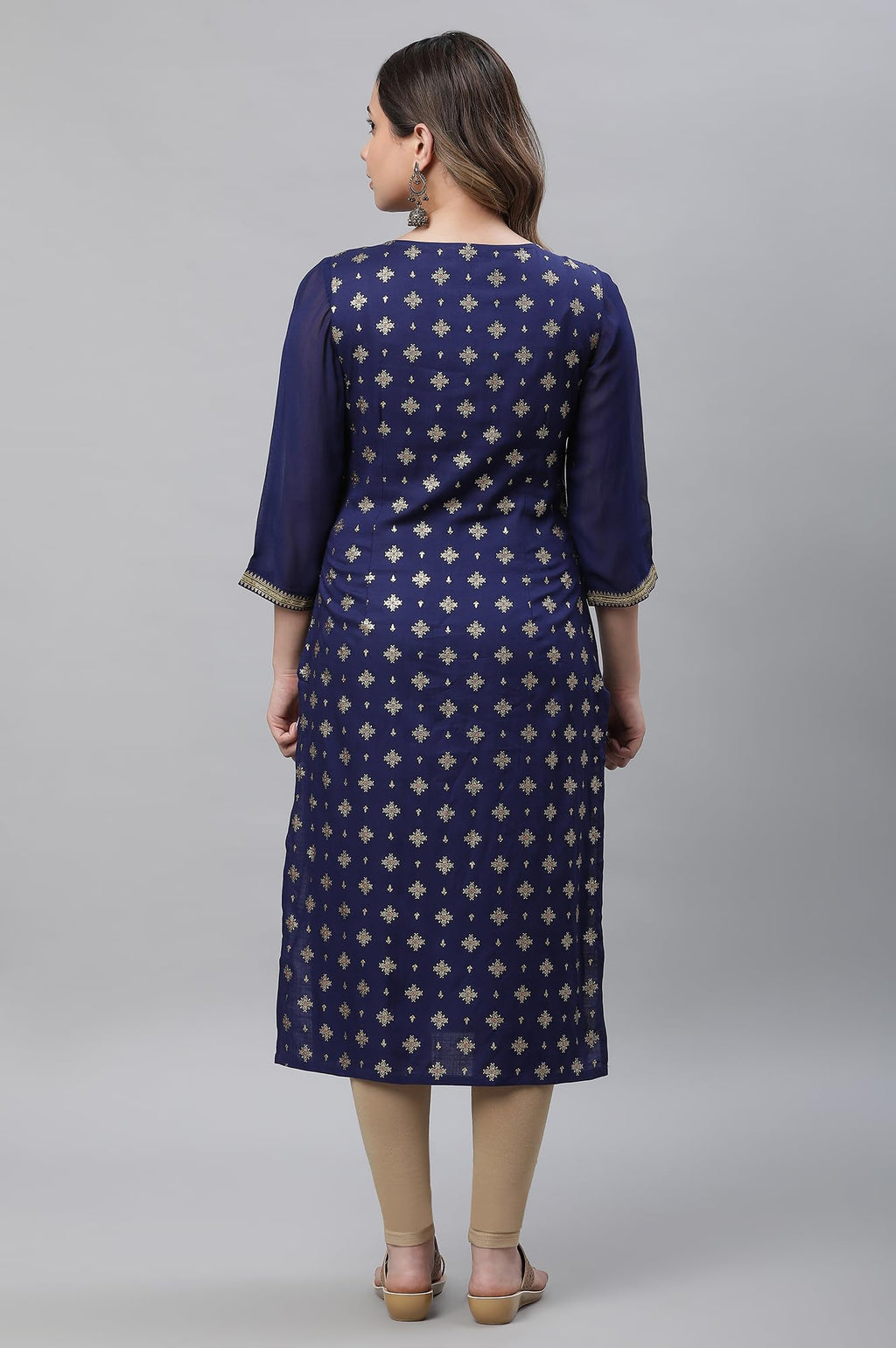 Aurelia Womens Blue Foil Lace Straight Long Kurta