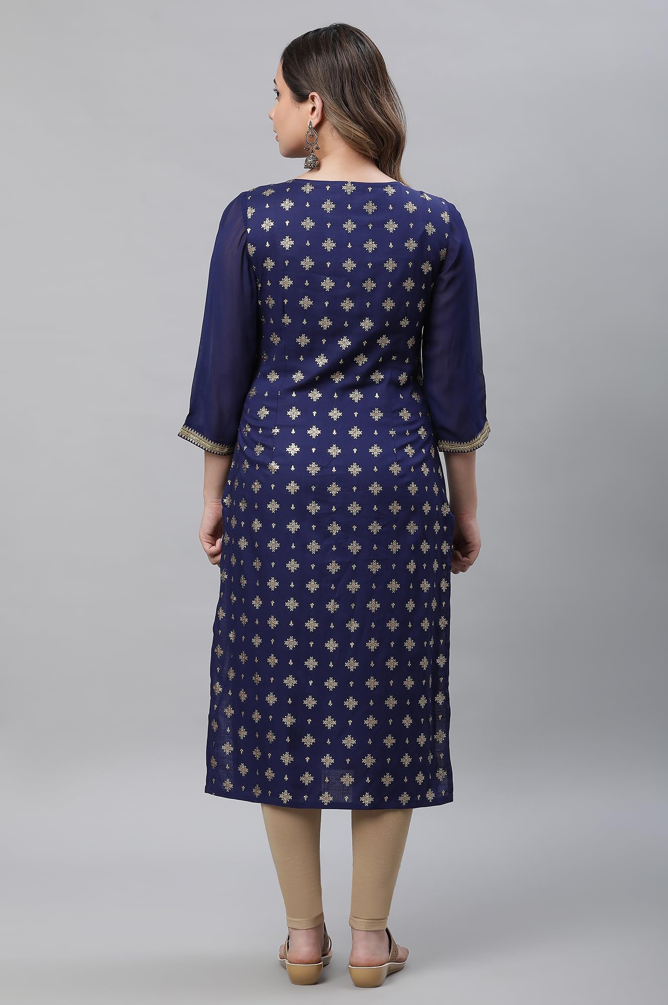 Aurelia Womens Blue Foil Lace Straight Long Kurta