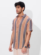 The Souled Store Fiesta Men and Boys Short Sleeves Collared Neck Button Front Multicolor Striped Cotton Textured Shirts