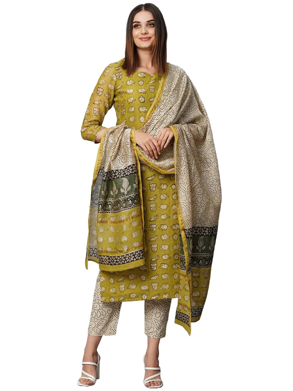 ANNI DESIGNER Womens Cotton Blend Straight Printed Kurta with Pant & Dupatta (Stamp Green_XXL_Green_XX-Large)