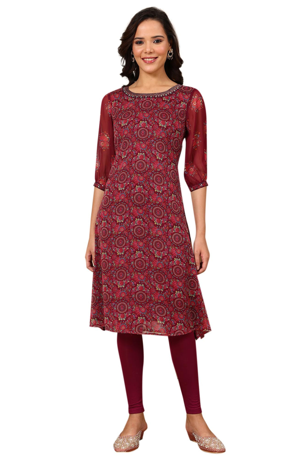Wine Floral Printed Dori Embroidered Chiffon Kurta With Attached Lining_24Auw11770-125011_2Xl