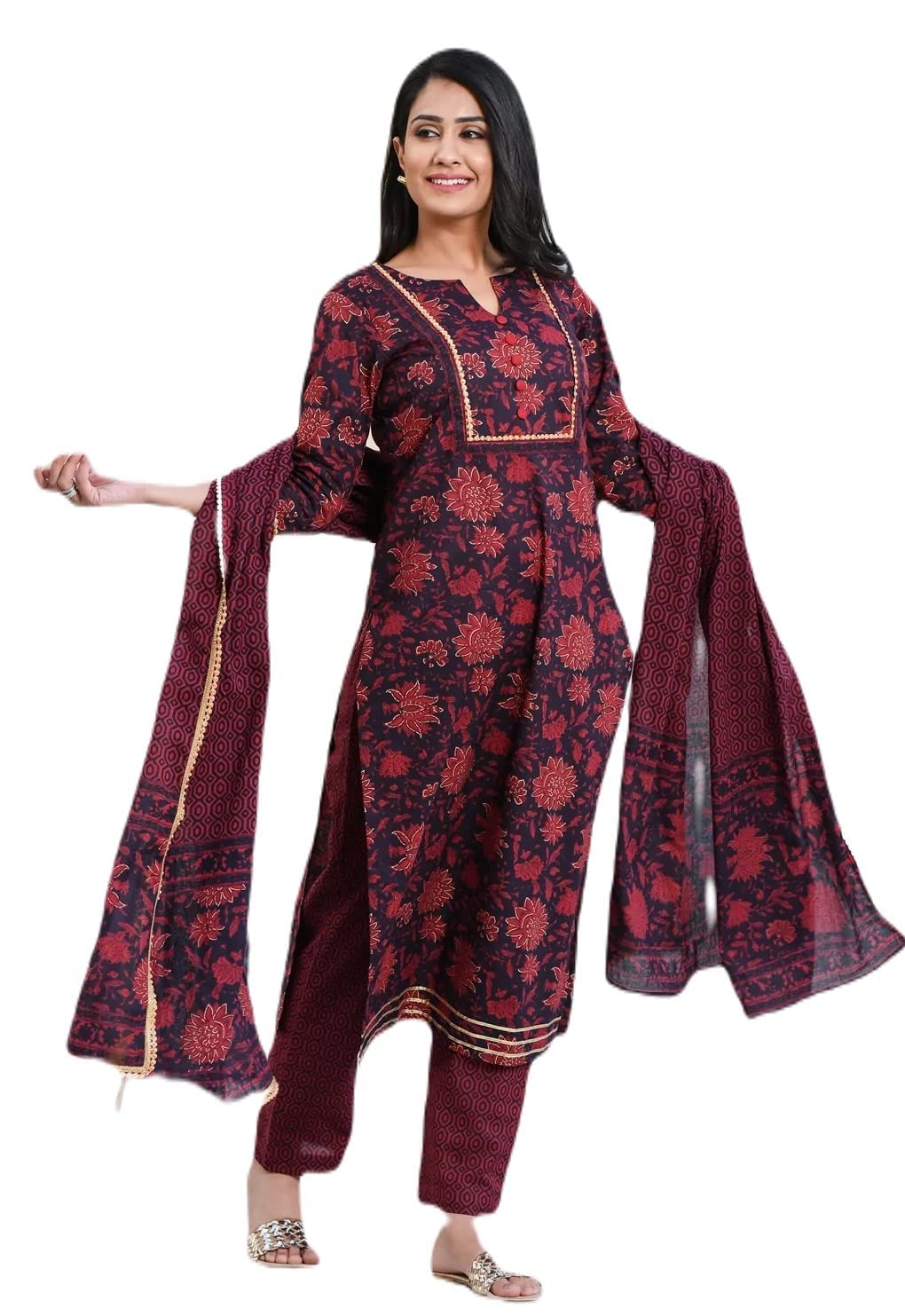 ANNI DESIGNER Womens Cotton Blend Straight Printed Kurta with Pant & Dupatta (Rapat Wine_XXL_Wine_XX-Large)