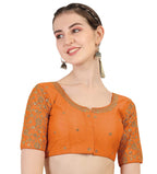 Pujia Mills Womens Embroidery Handwork & Work Flower Design Readymade Half Sleeve Silk Blouse (Orange_38)