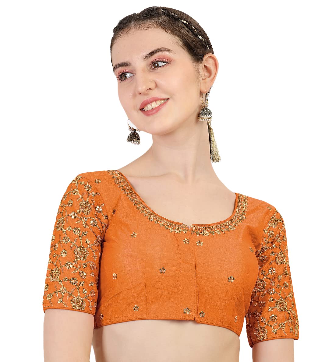 Pujia Mills Womens Silk Checkered Half Sleeve Blouse (Orange Flower BLOUSE36_Orange_36)