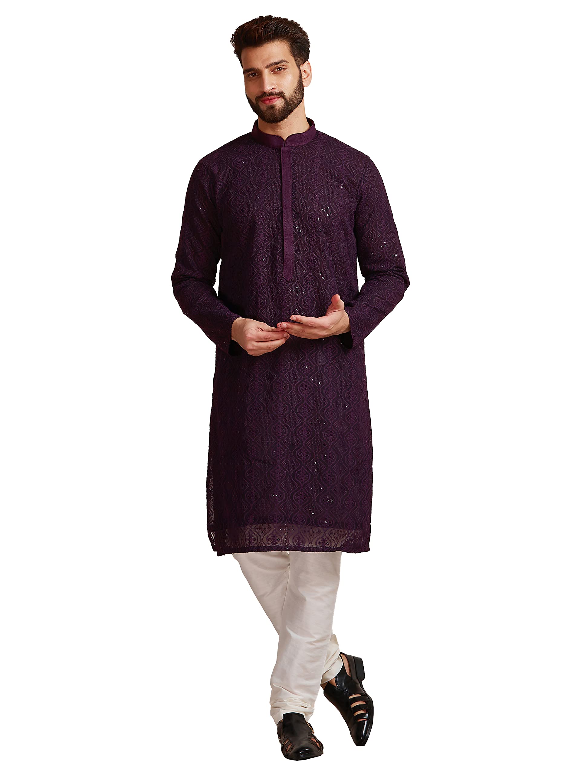 Manyavar Purple Georgette Full Sleeve Kurta Set | Traditional Kurta Set For Men (Xl)