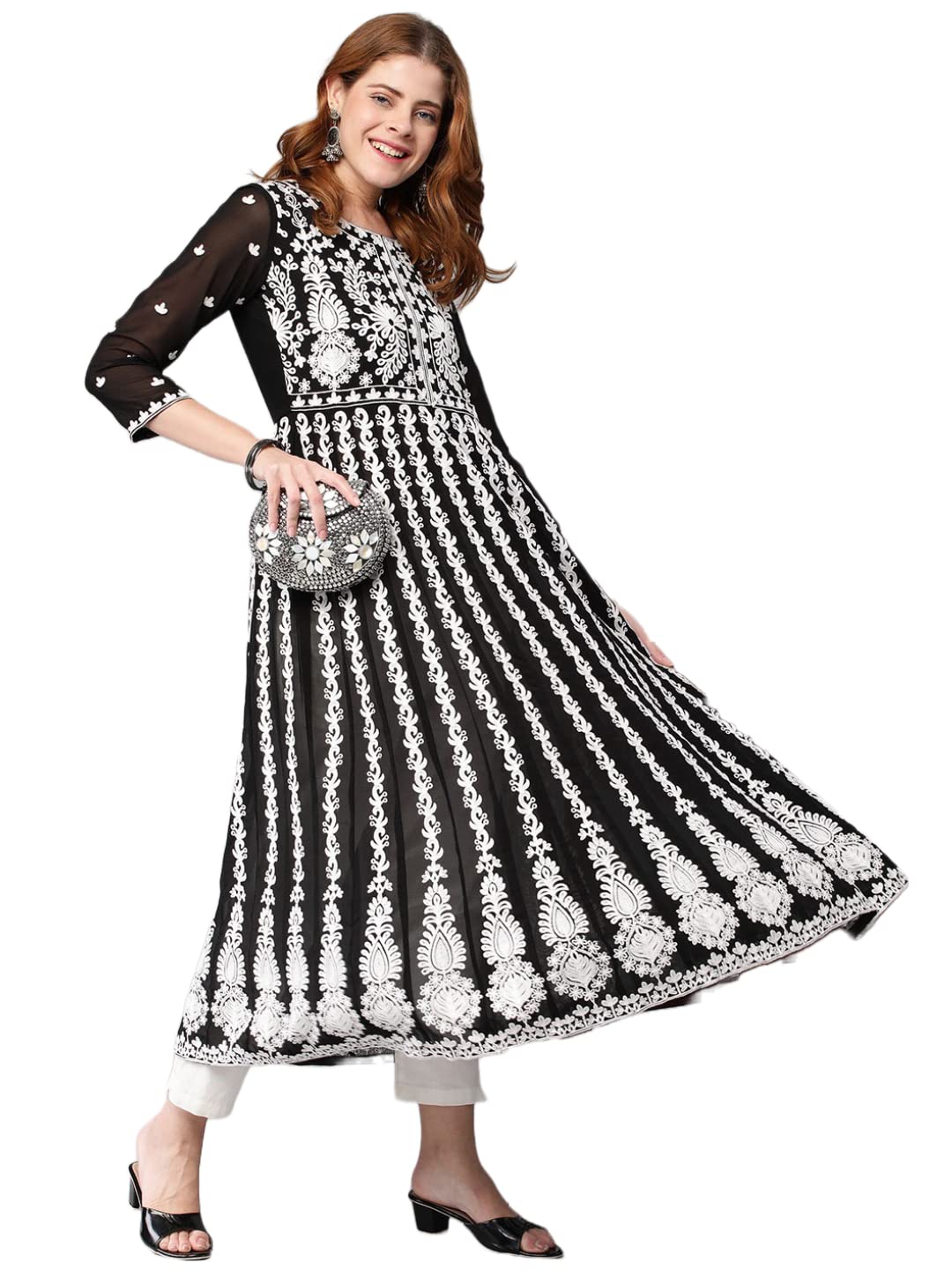 ANNI DESIGNER Womens Georgette Chikankari Embroidered Anarkali Kurti (Kari Black-Nw1_S_Black_Small)