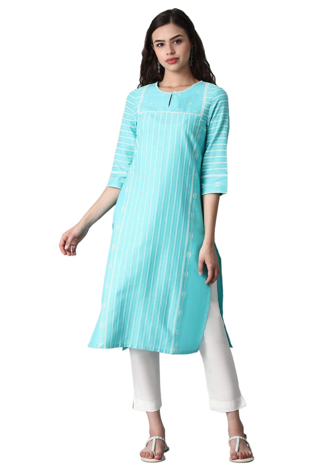 W For Woman Dark Green Vertical Striped Cotton Blend Regular Embroidered Kurta