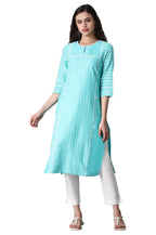 W For Woman Dark Green Vertical Striped Cotton Blend Regular Embroidered Kurta