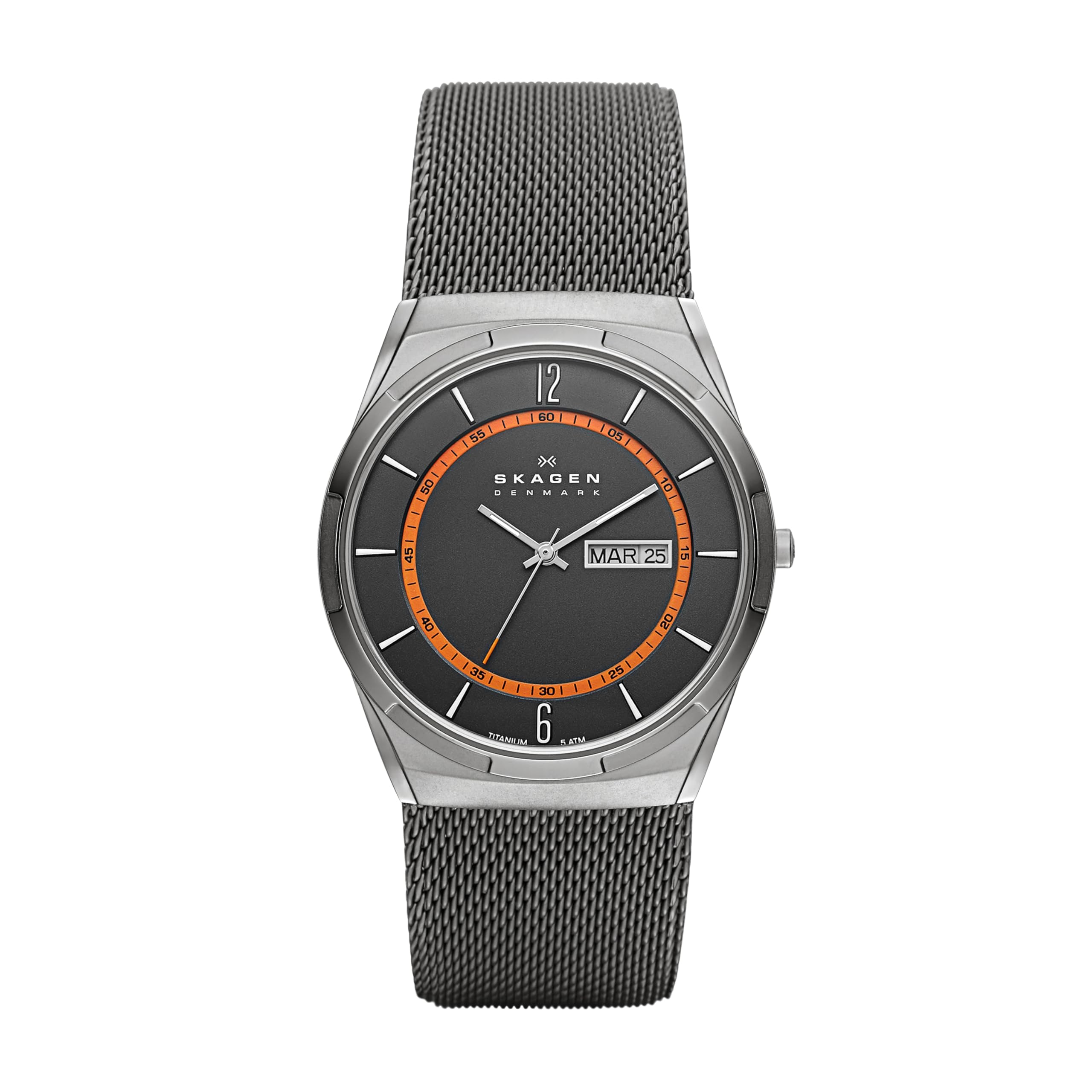 Skagen Men's Melbye Three-Hand Day Date Charcoal Gray Titanium Mesh Band Watch (Model: SKW6007)