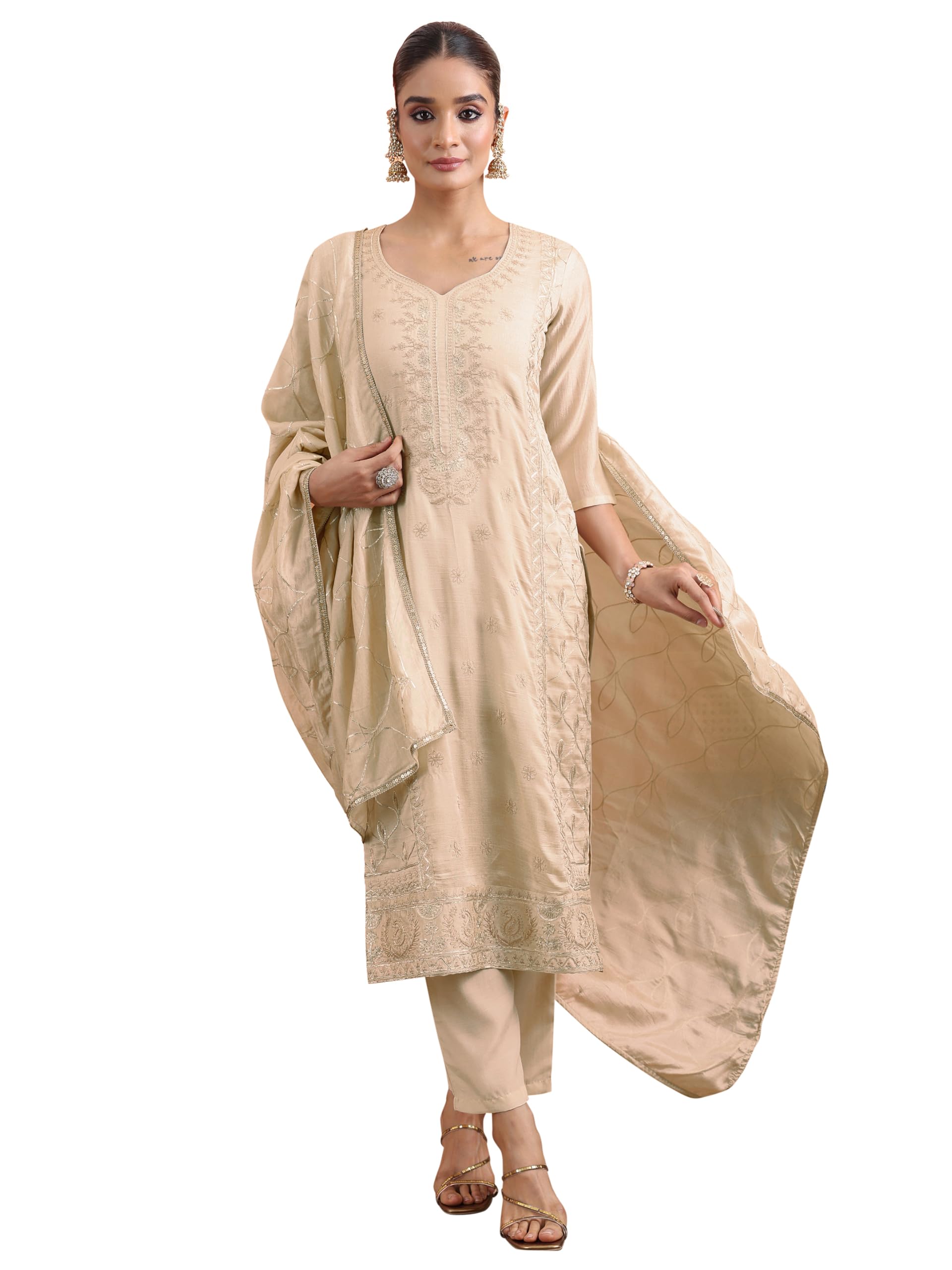 Libas Womens Embroidered Chinon Straight Kurta With Trousers and Dupatta