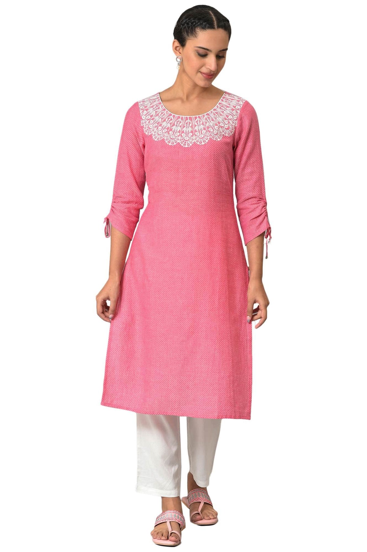 Aurelia Womens Floral Printed Printed Straight Long Red Cotton Kurta